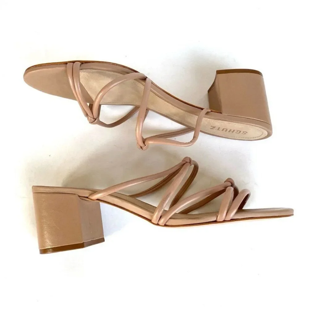 Schutz Princey Leather Strappy Block Heel Slide Sandals Nude Size 10.5 - Picture 5 of 10